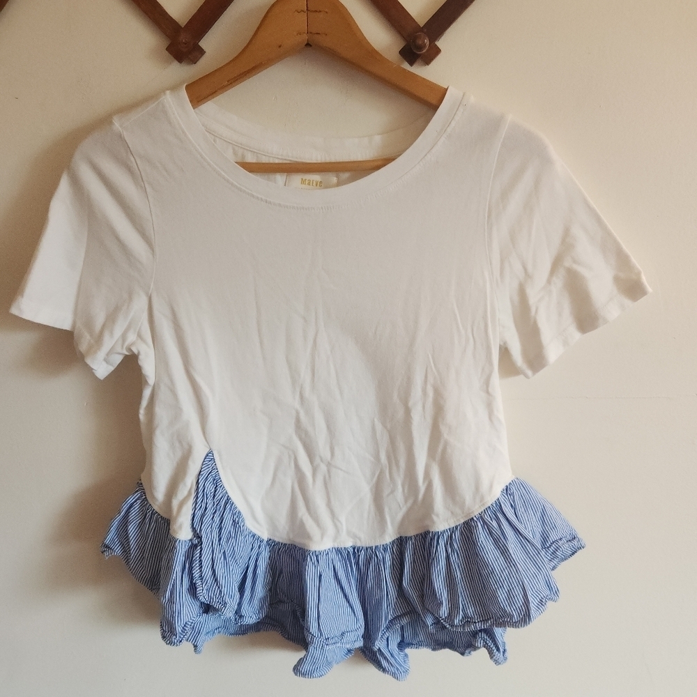 Mauve Anthropologie White Short-Sleeve Top Blue Ruffle Hem Cotton Modal Small